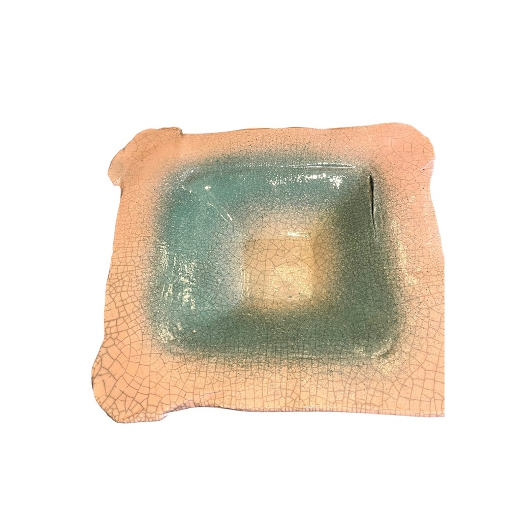 Studio Art Pottery Square Crackle Glaze Bowl Peach Teal Handmade Ceramic Decor